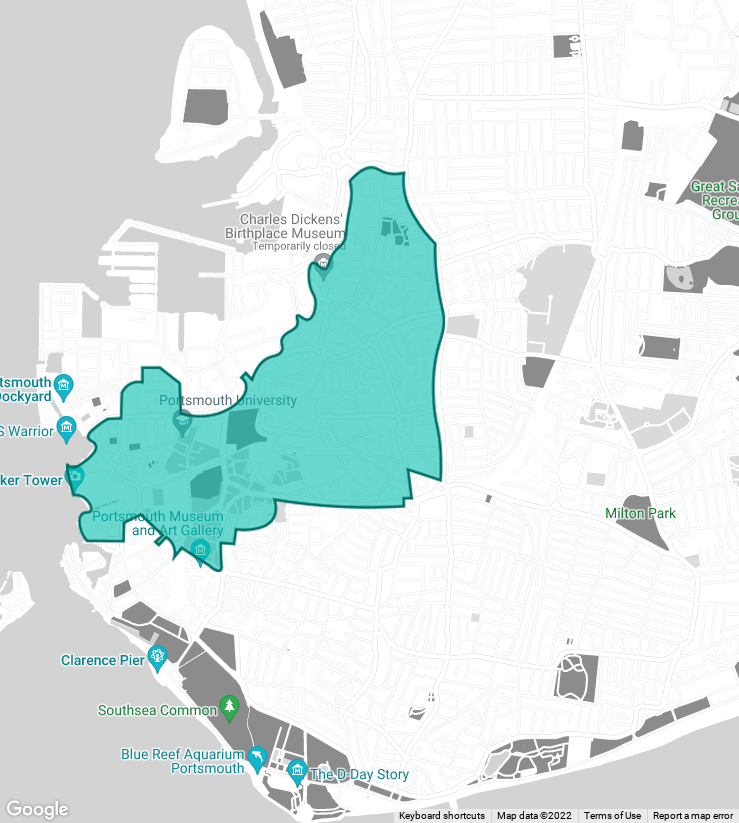 gray and blue map of Portsmouth showing the clean air zone within the city centre